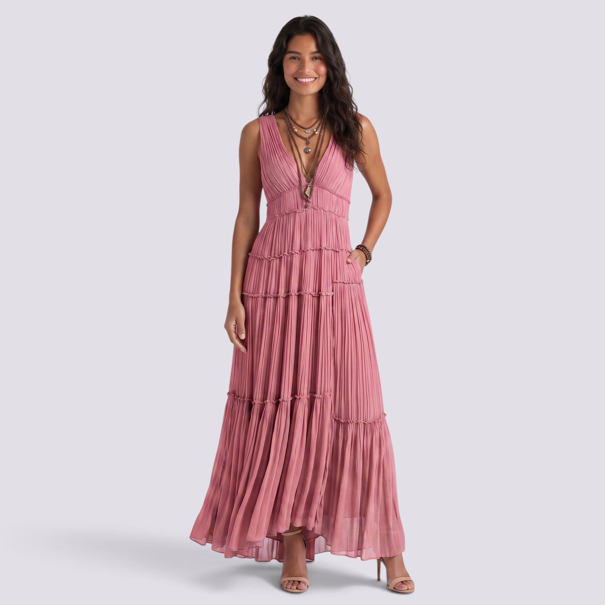 Vestido Midi Mujer Plisado Elegante