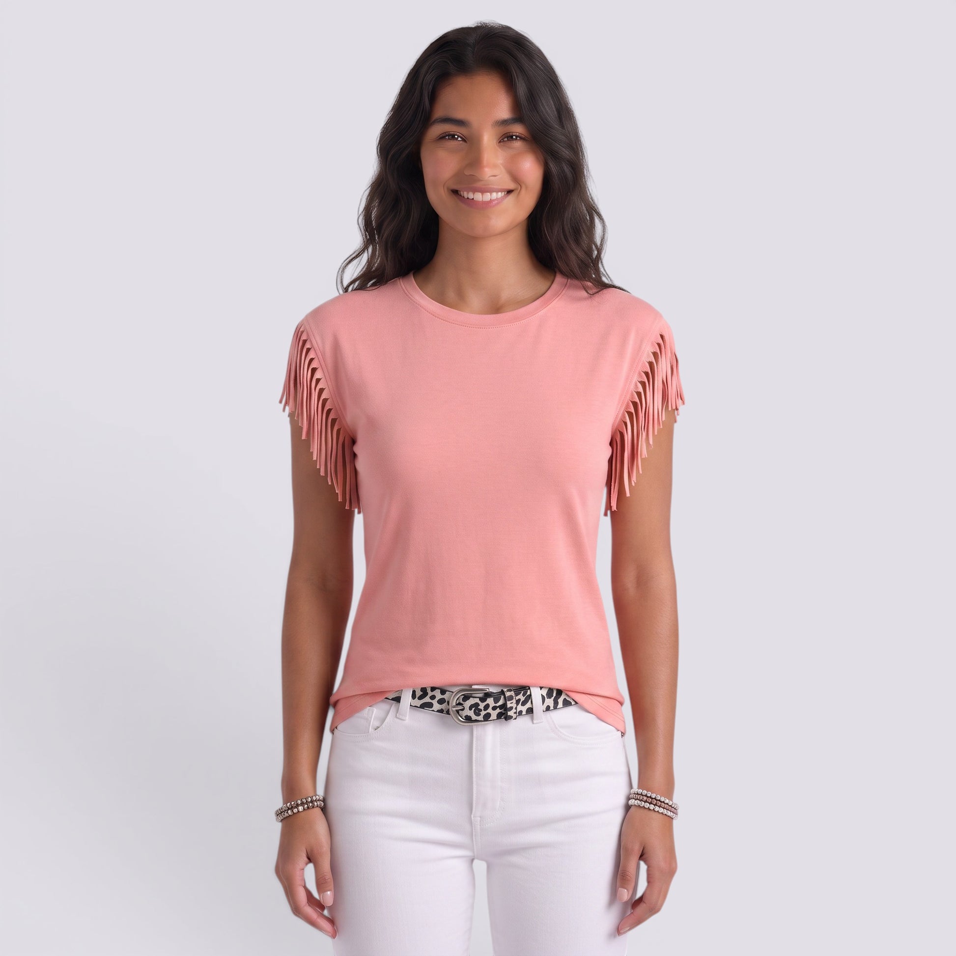 Camiseta Mujer Manga Corta Puños Borlas Camiseta con Flecos