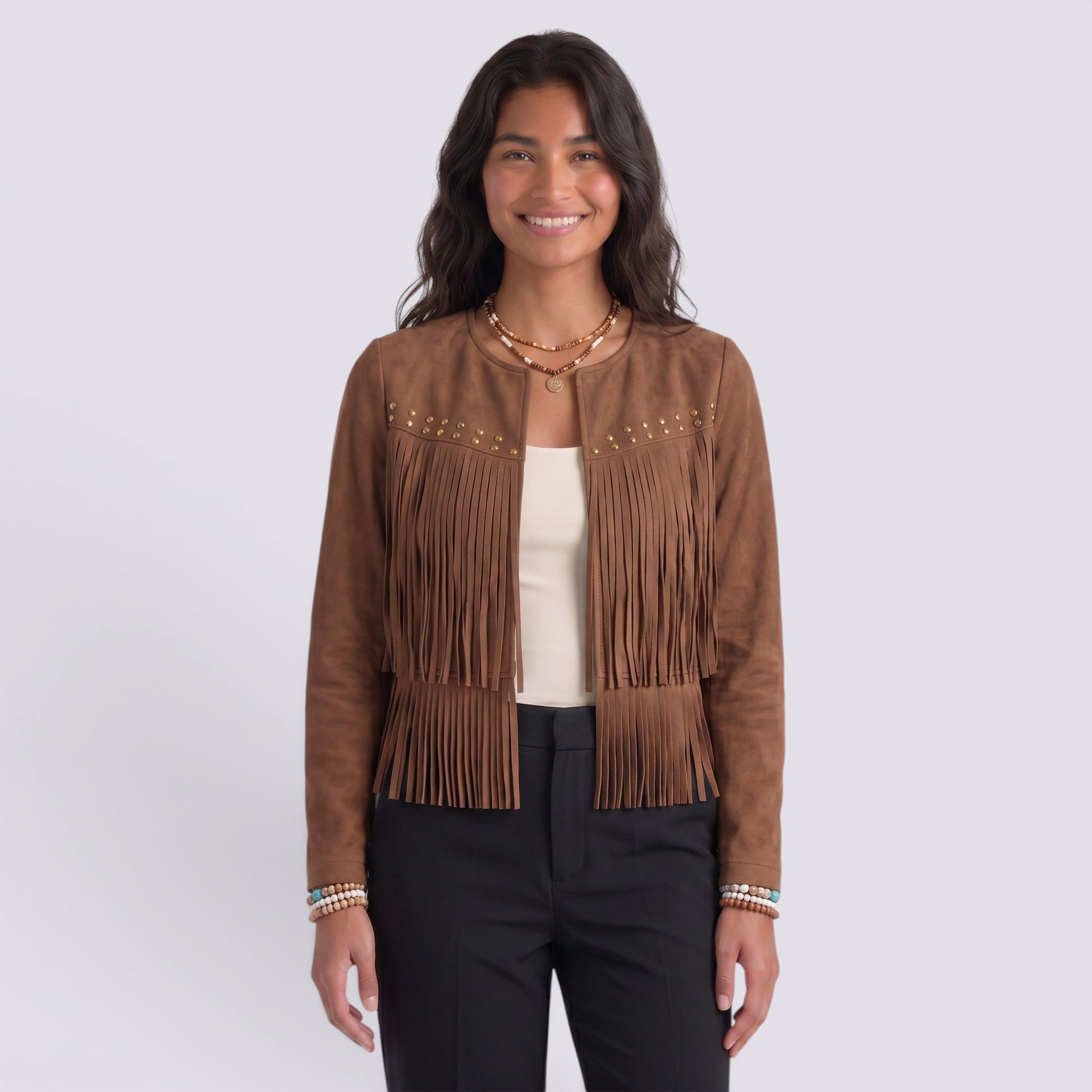 Chaqueta Mujer Corto de Flecos y Tachuelas