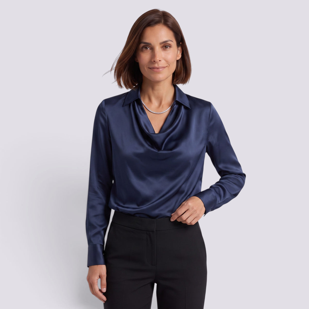 Blusa Mujer Satinada Manga Larga Cuello Drapeado