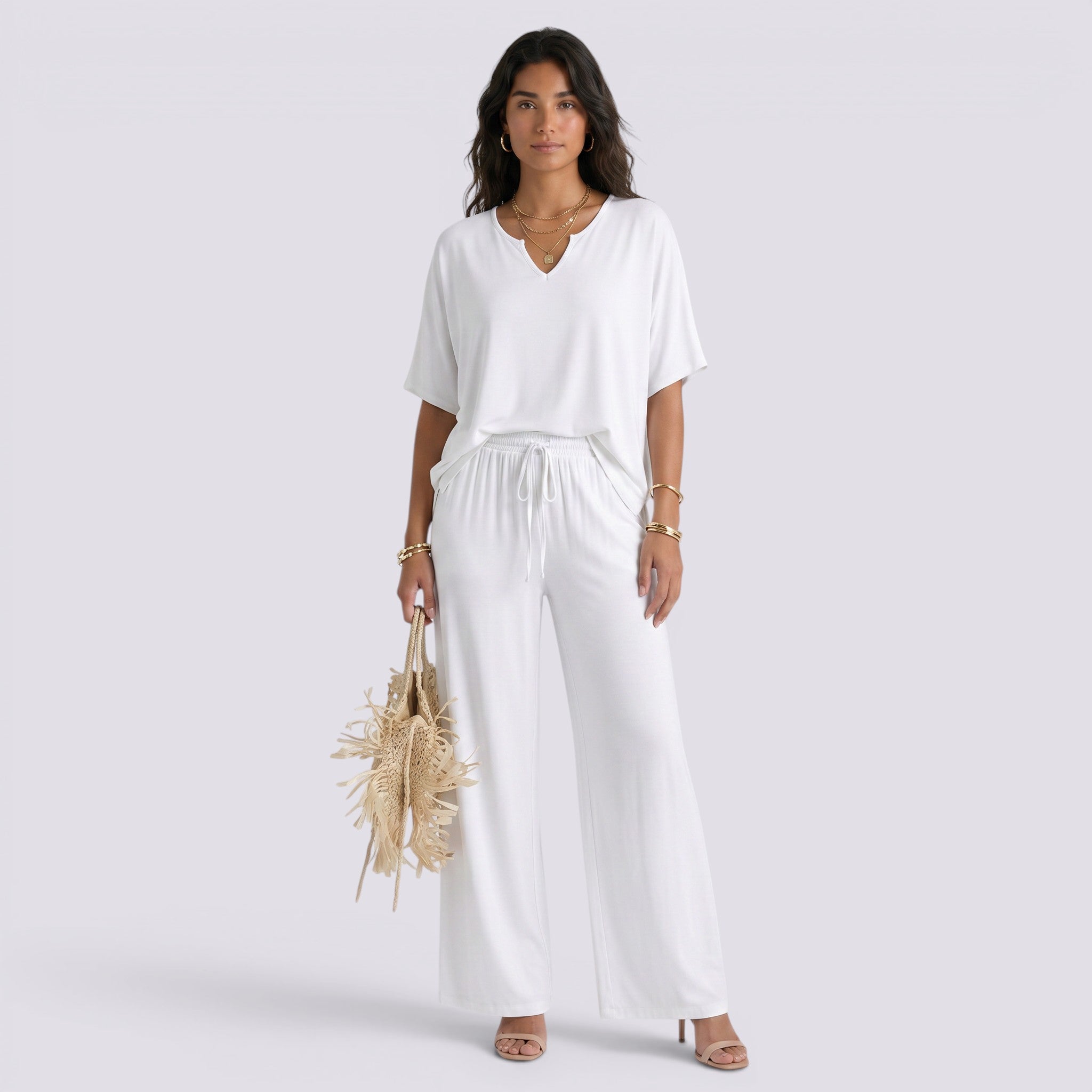 Conjunto Mujer con Pantalón Ancho Cuello Pico