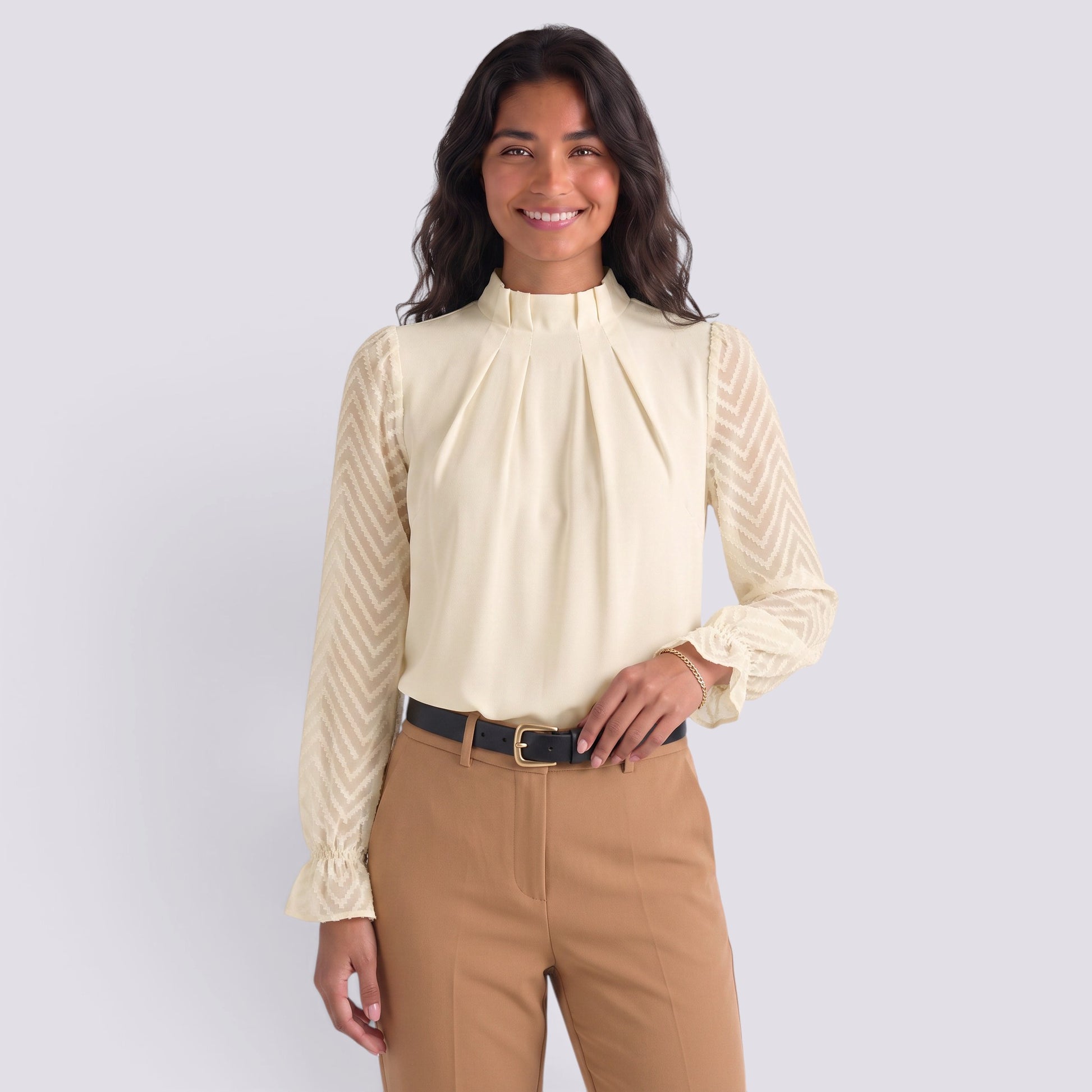 Blusa Mujer Cuello Alto Manga Larga Ondulada