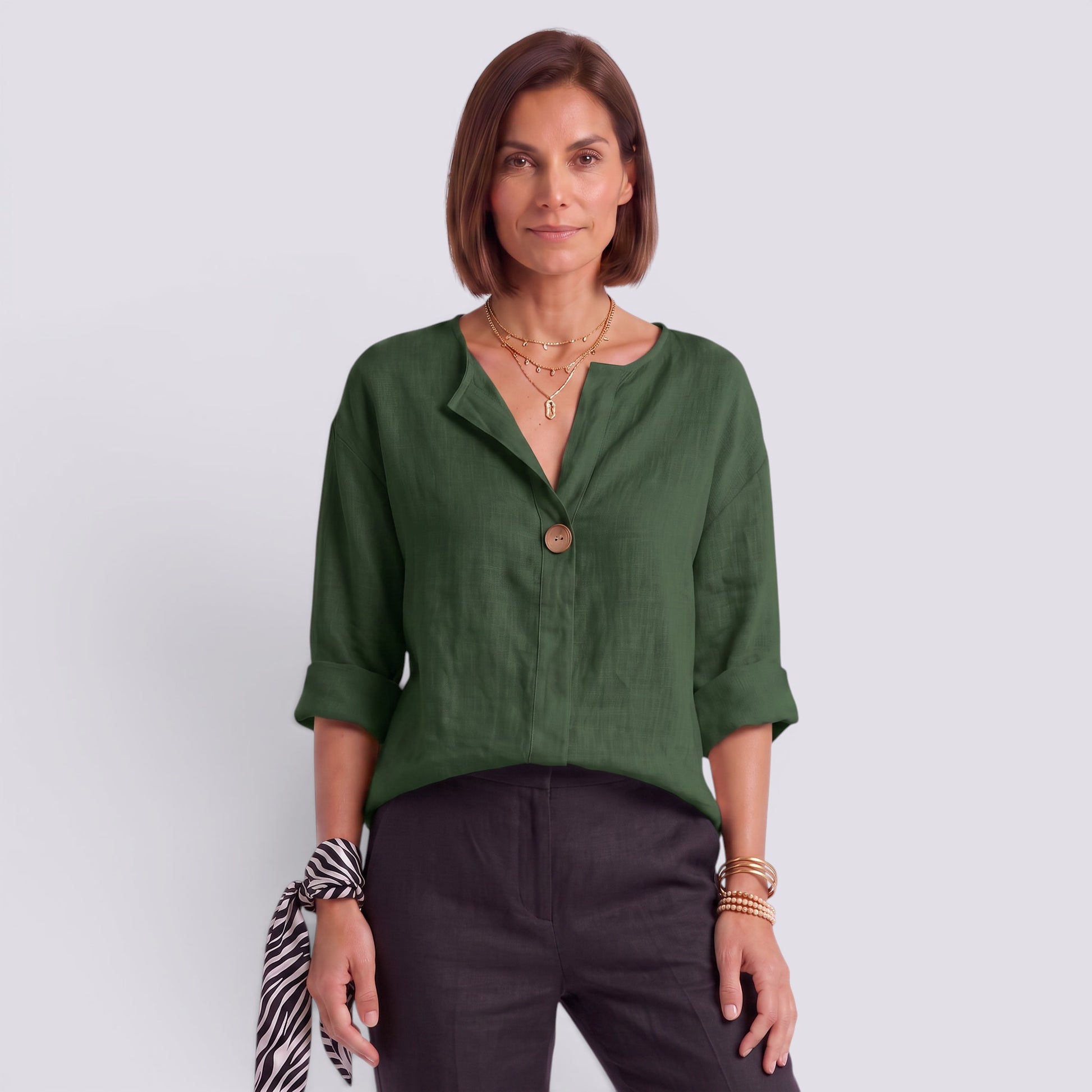 Blusa Mujer Elegante Manga Larga Escote Pico Botonada
