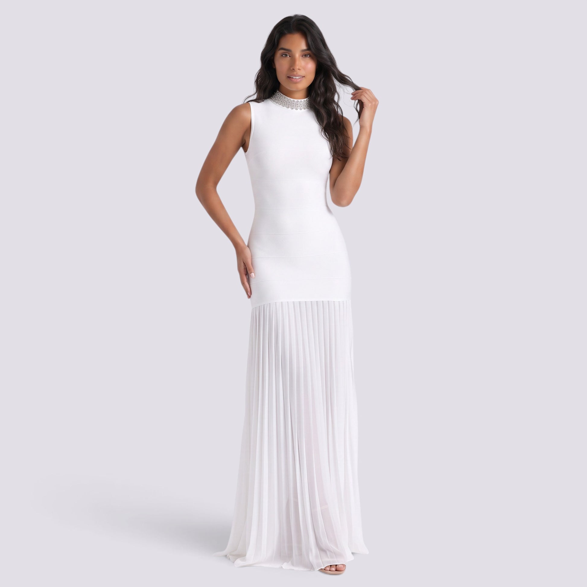 Vestido Largo Fiesta Pedrería Cuello Alto