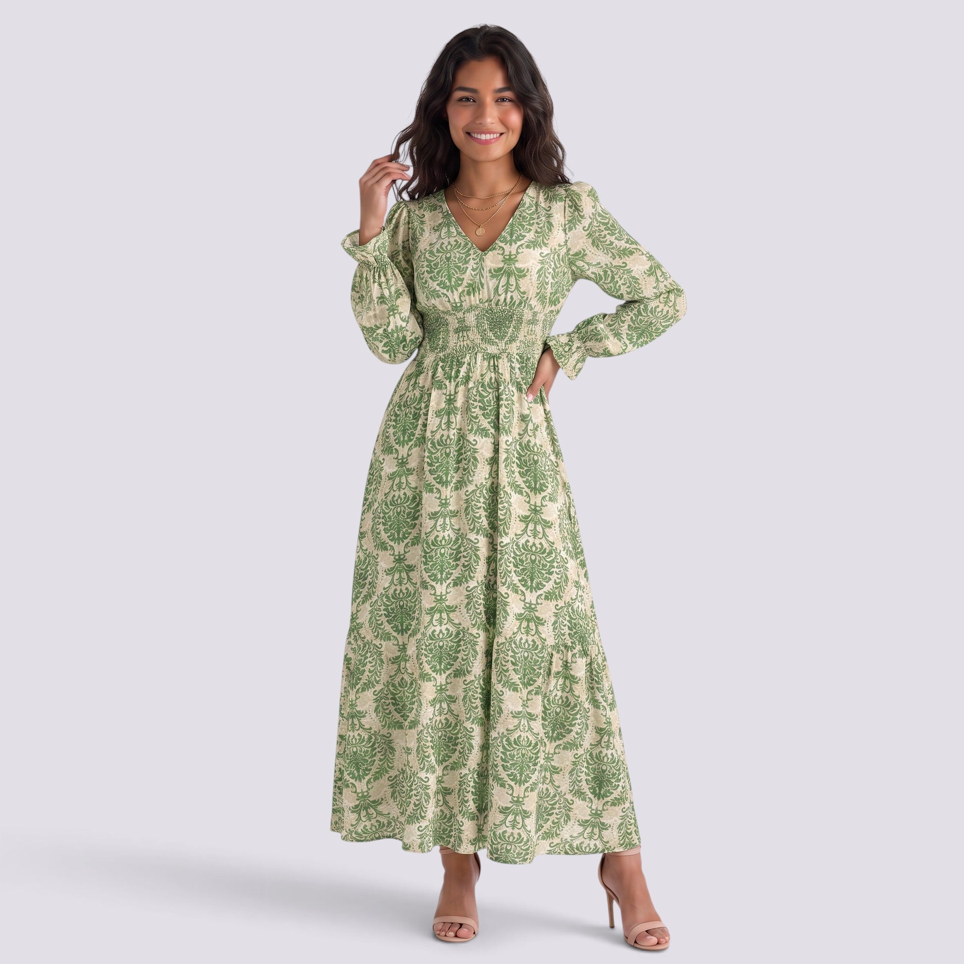 Vestido Estampado Mujer Manga Larga Escote V