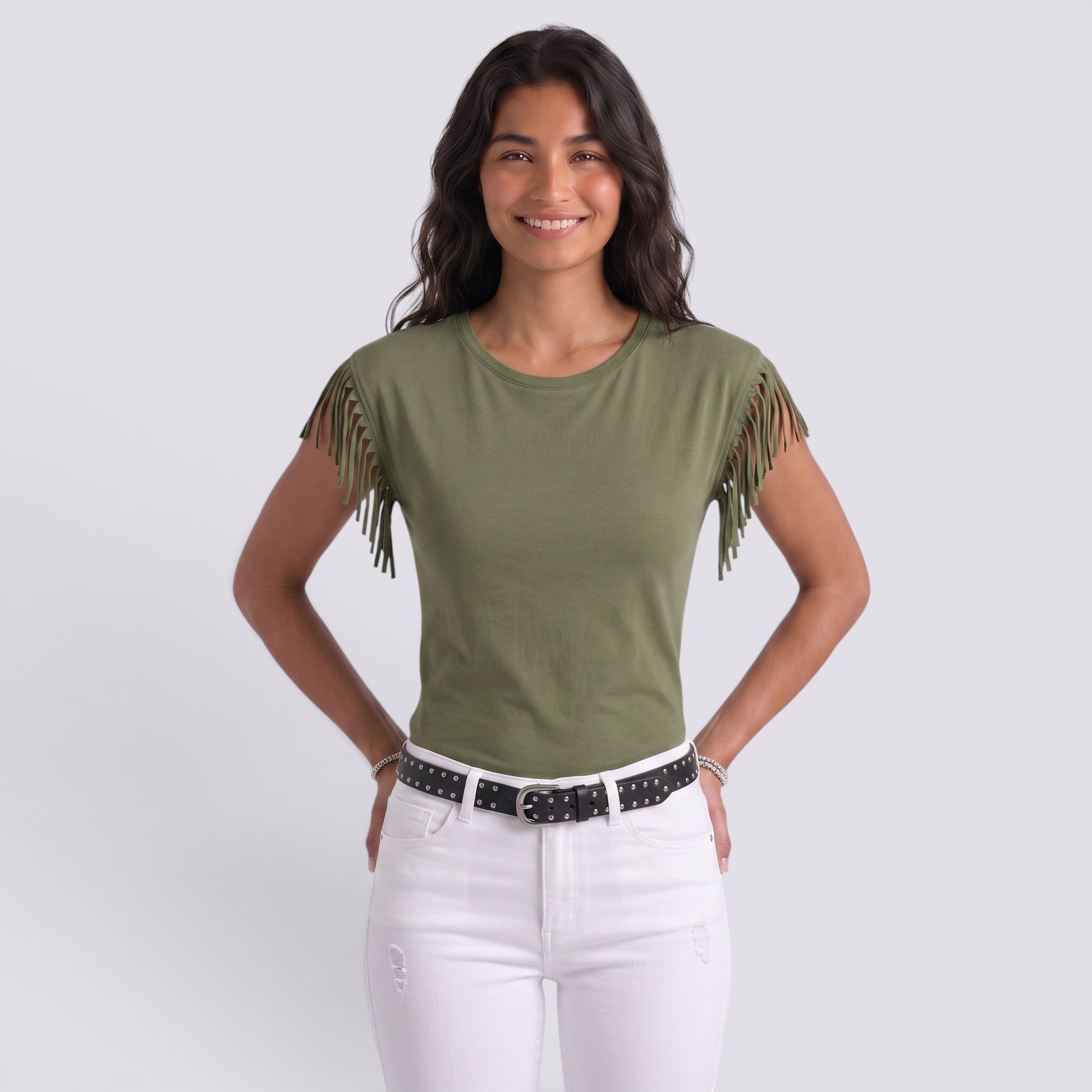 Camiseta Mujer Manga Corta Puños Borlas Camiseta con Flecos