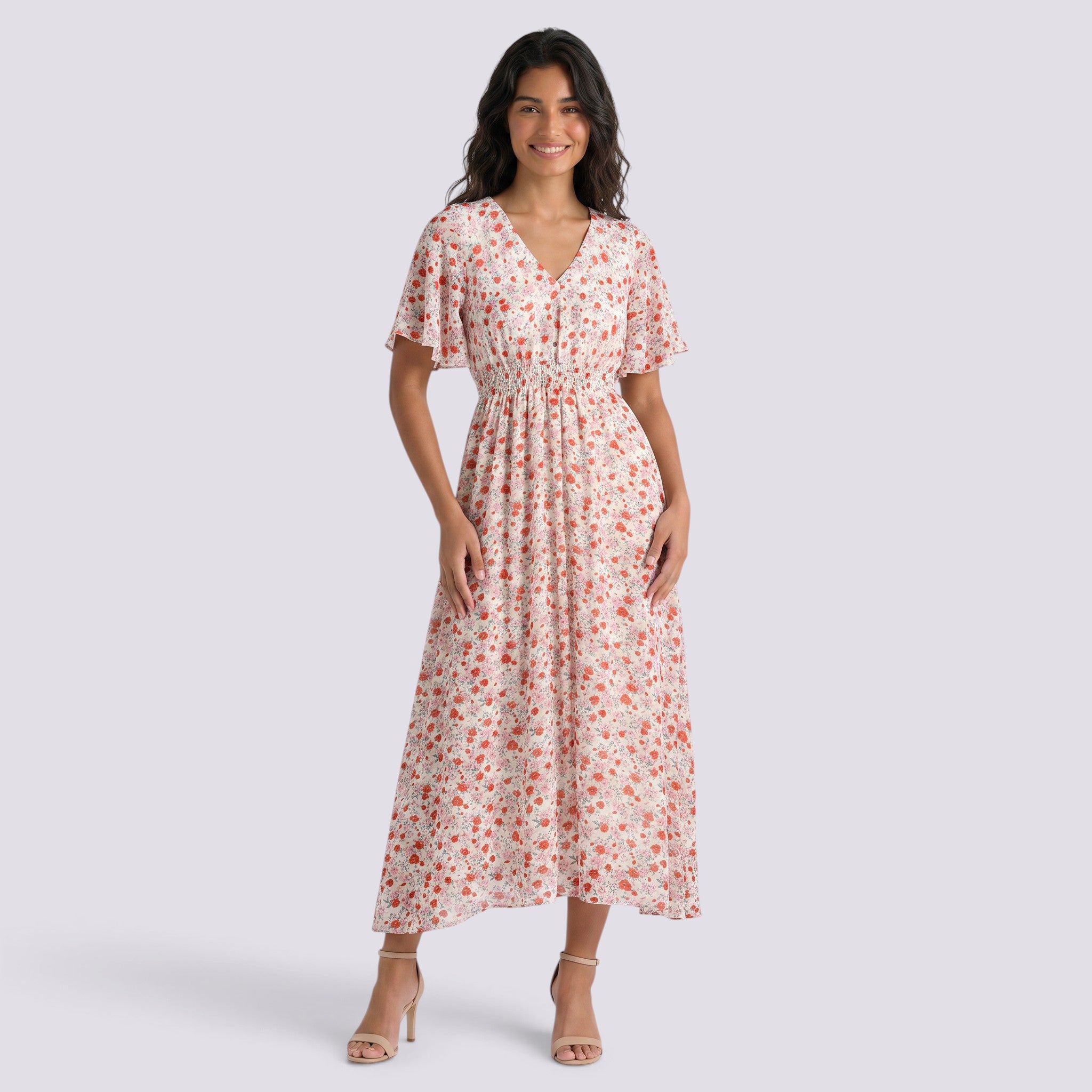Vestido Largo Floral Mujer Cintura Fruncida