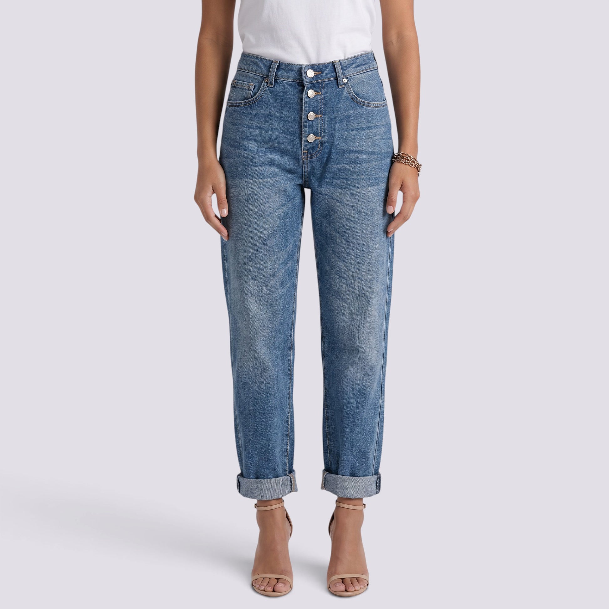 Pantalón Vaquero Mujer Recto con Pedrería