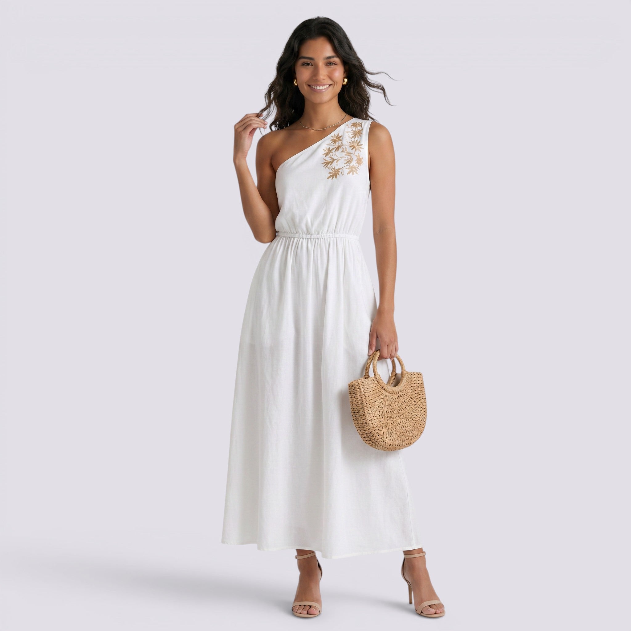 Vestido Largo Mujer de Fiesta Bordado Un Hombro