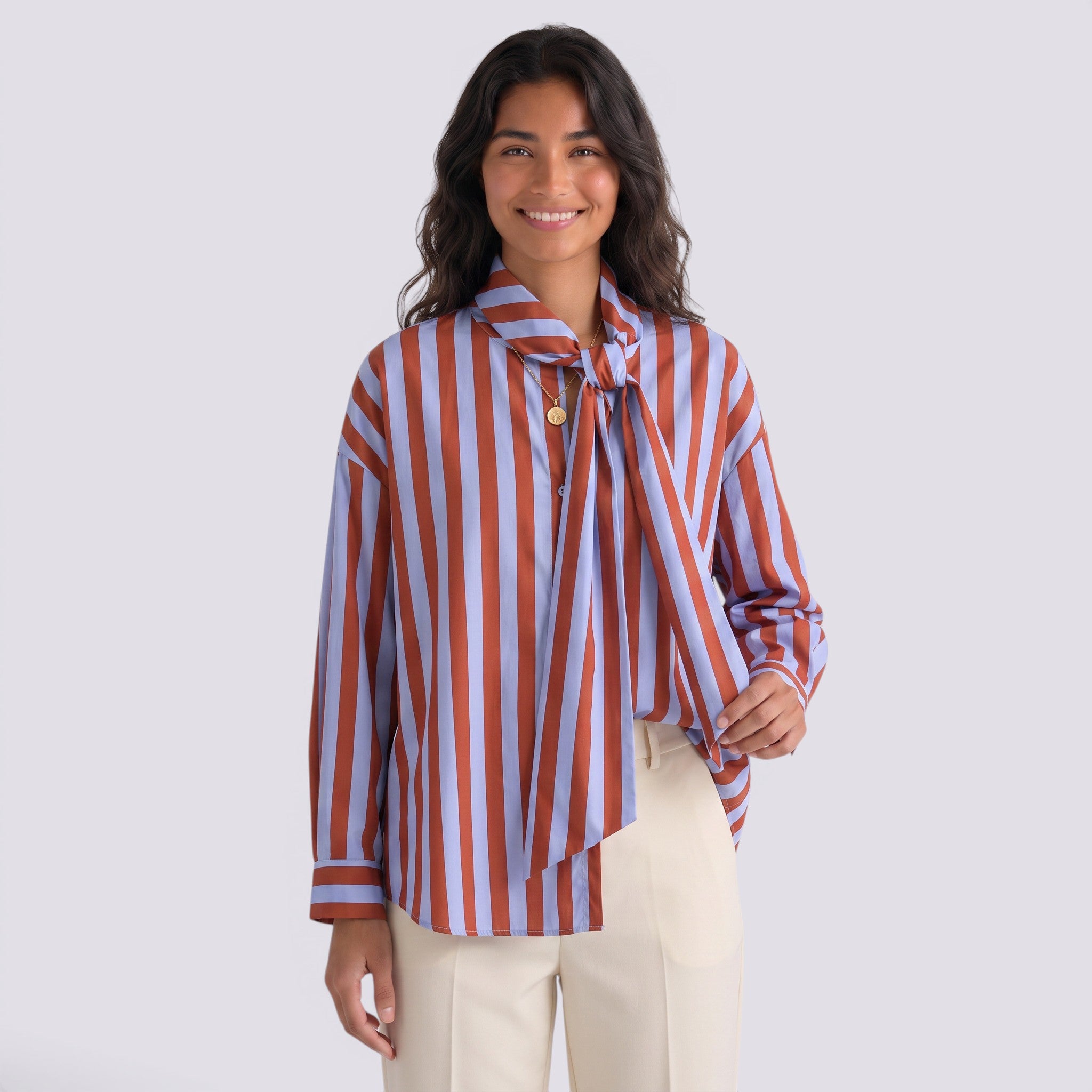 Camisa Mujer Rayas Manga Larga con Lazo