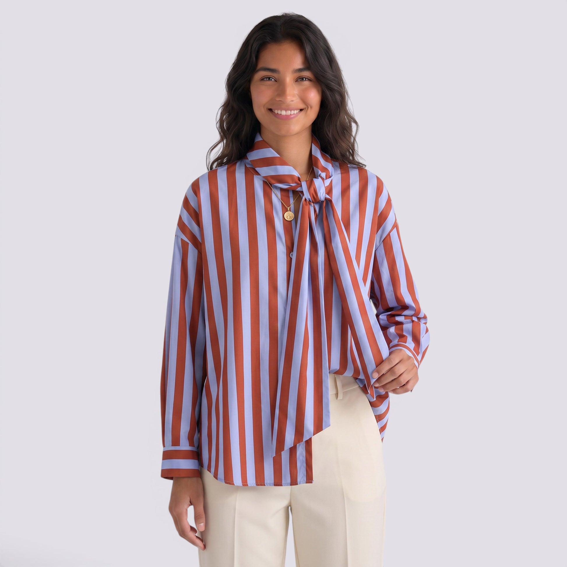 Camisa Mujer Rayas Manga Larga con Lazo