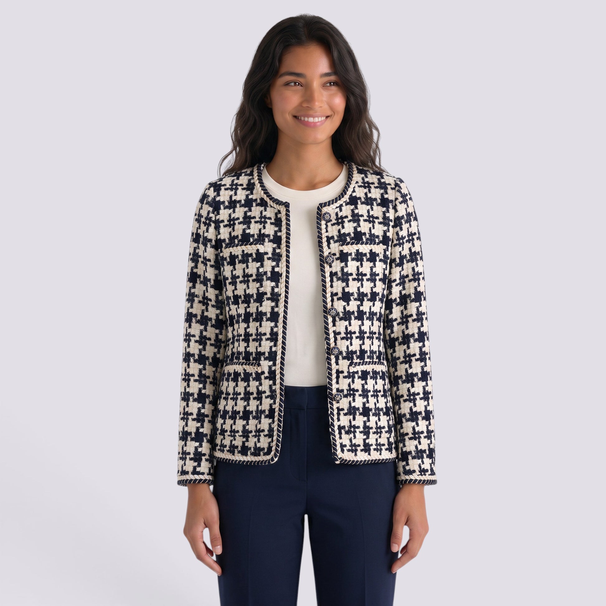 Chaqueta Mujer Pata de Gallo Corta Cuello Redondo