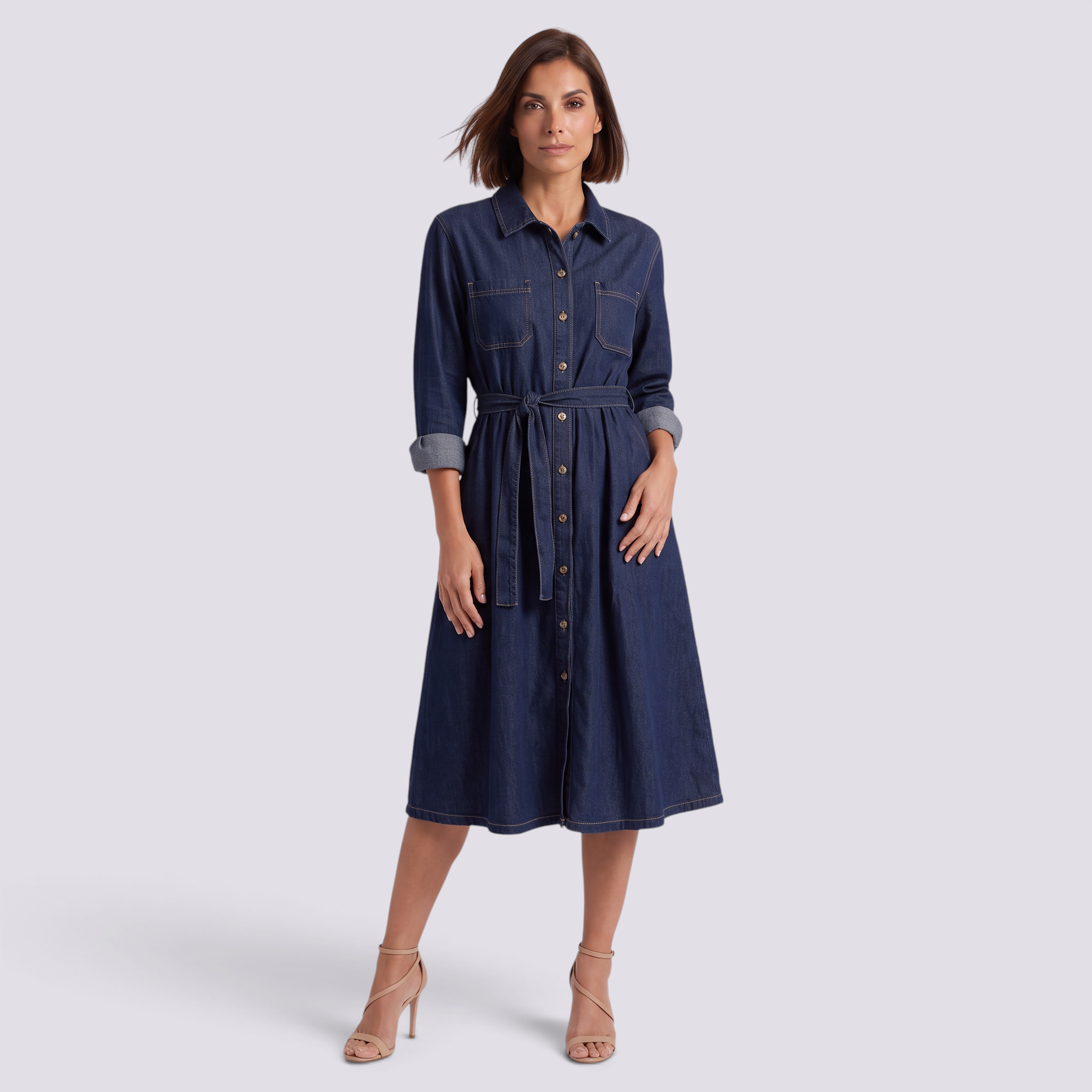 Vestido Vaquero Largo Mujer Cinturón - Azul - Vista frontal