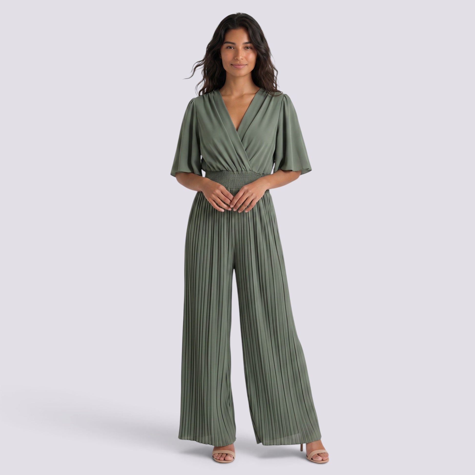 Mono Mujer Elegante de Pernera Ancha Escote Pico Cropped