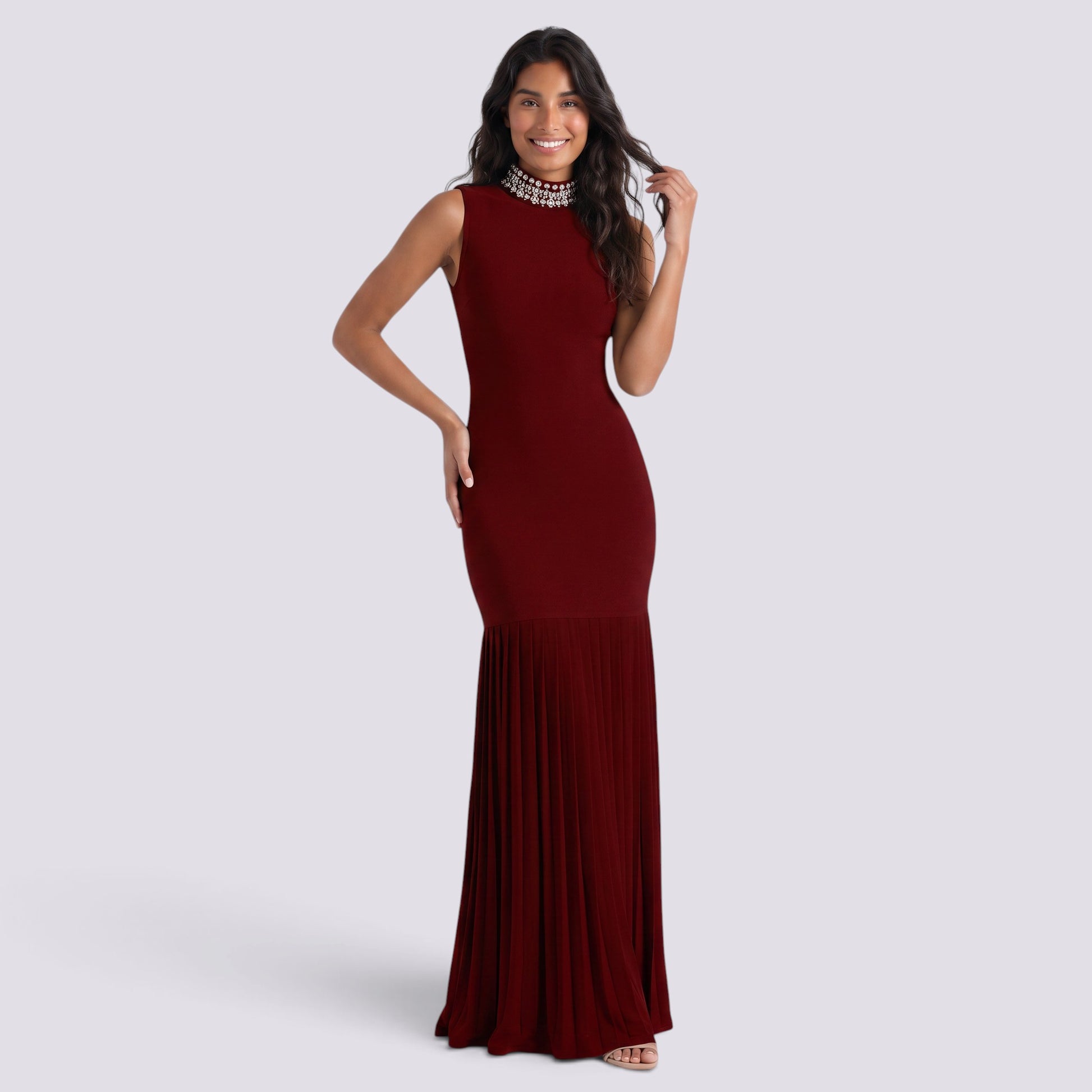 Vestido Largo Fiesta Pedrería Cuello Alto