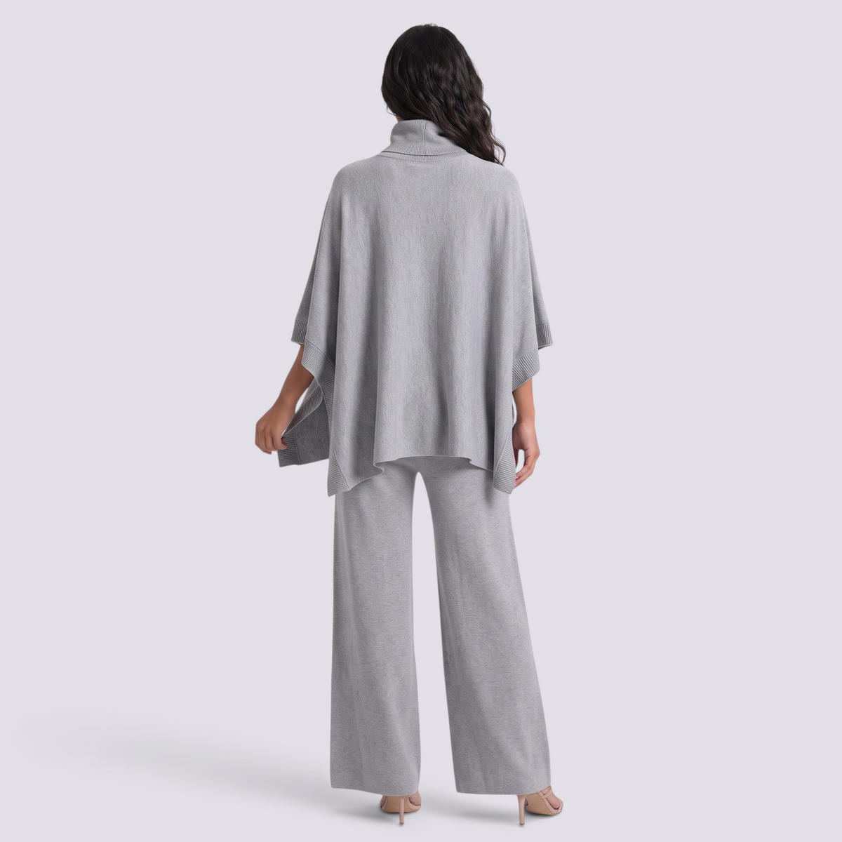 Conjunto Poncho Punto Mujer Pantalón Ancho - Gris - vista trasera