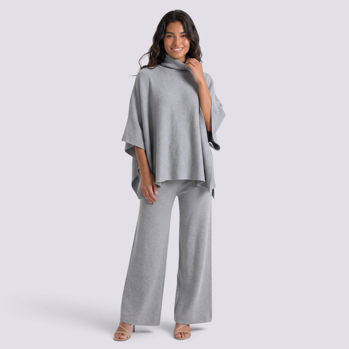 Conjunto Poncho Punto Mujer Pantalón Ancho - Gris - vista frontal