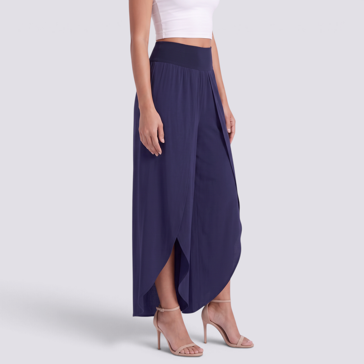 Pantalón pierna ancha mujer cruzado con abertura, Azul Marino, vista lateral
