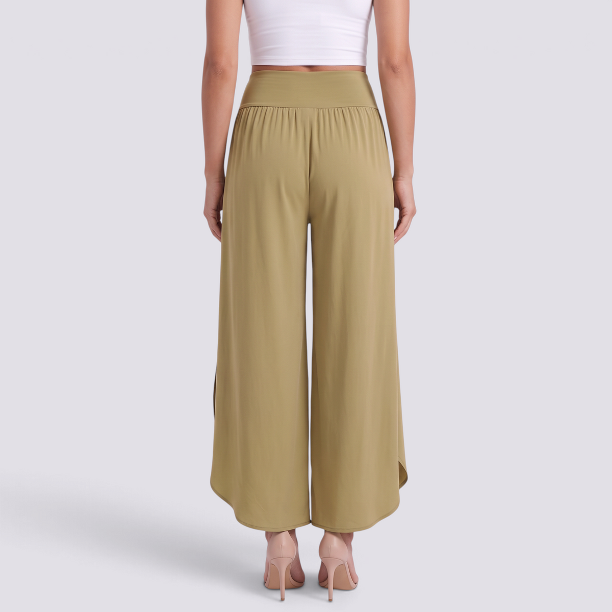 Pantalón pierna ancha mujer cruzado con abertura, Caqui, vista trasera