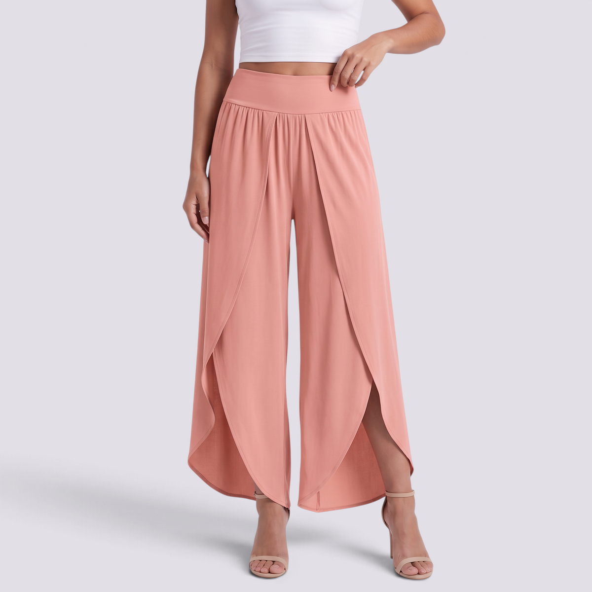 Pantalón pierna ancha mujer cruzado con abertura, Rosa, vista frontal