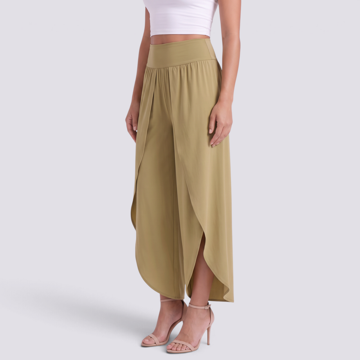 Pantalón pierna ancha mujer cruzado con abertura, Caqui, vista lateral