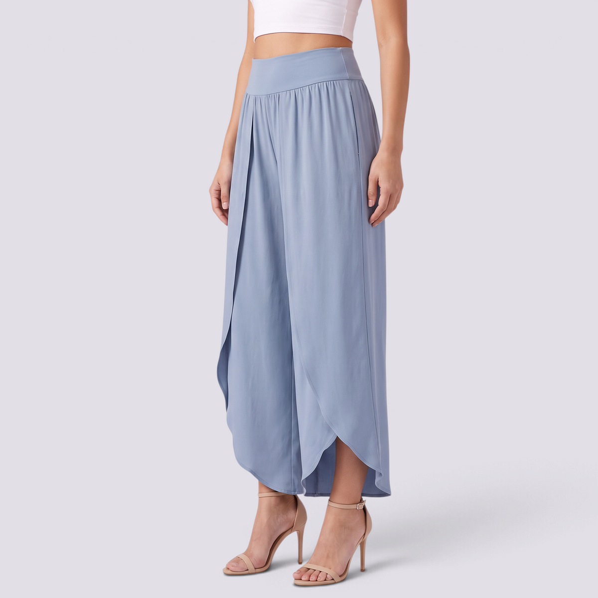 Pantalón pierna ancha mujer cruzado con abertura, Azul Claro, vista lateral