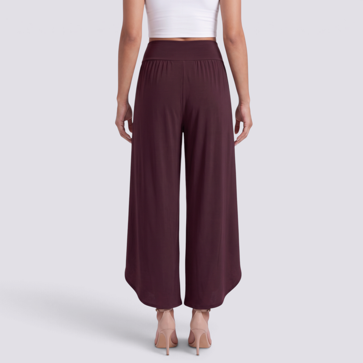 Pantalón pierna ancha mujer cruzado con abertura, Burdeos, vista trasera