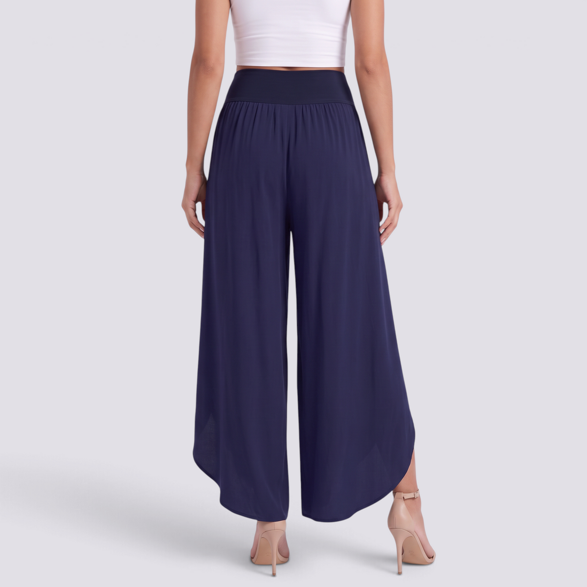 Pantalón pierna ancha mujer cruzado con abertura, Azul Marino, vista trasera
