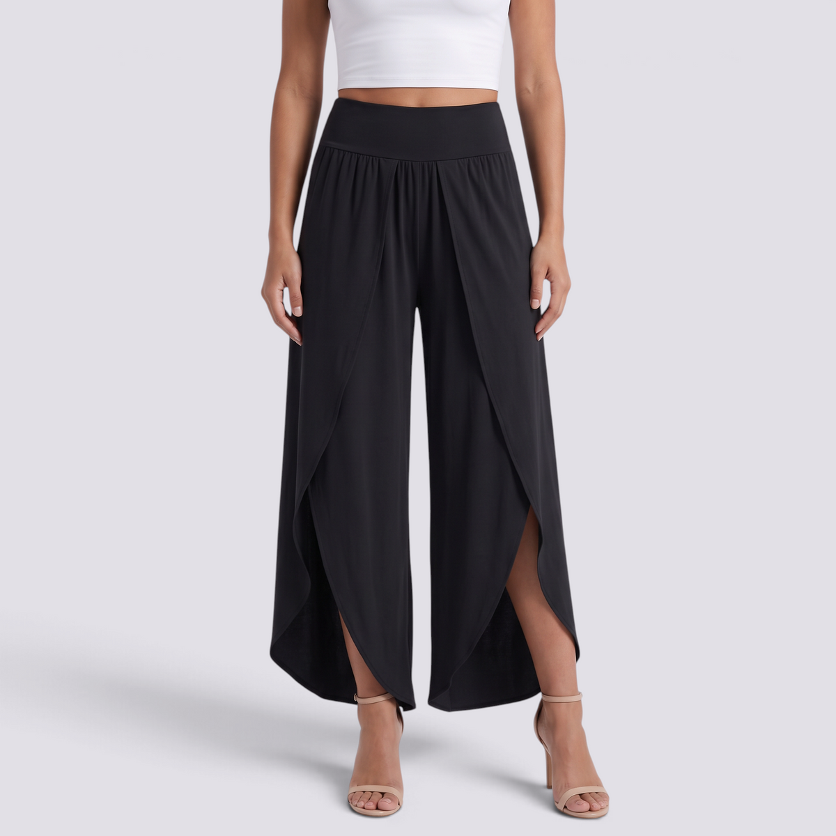 Pantalón pierna ancha mujer cruzado con abertura, Negro, vista frontal