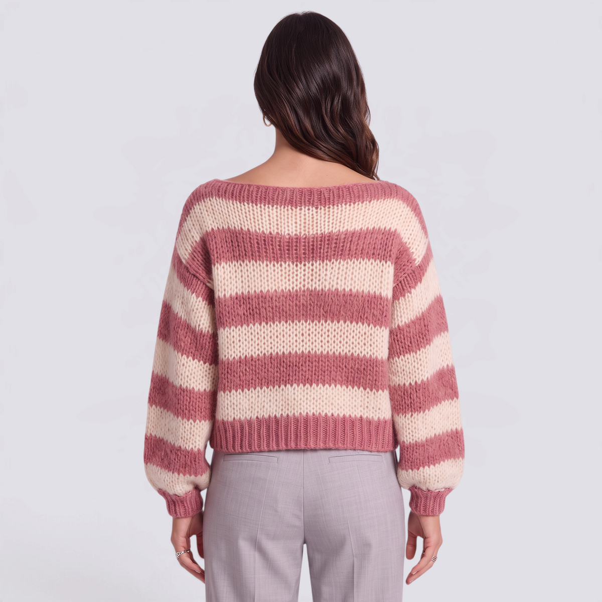 Jersey mujer rayas anchas cuello barco en rosa y crema, vista trasera