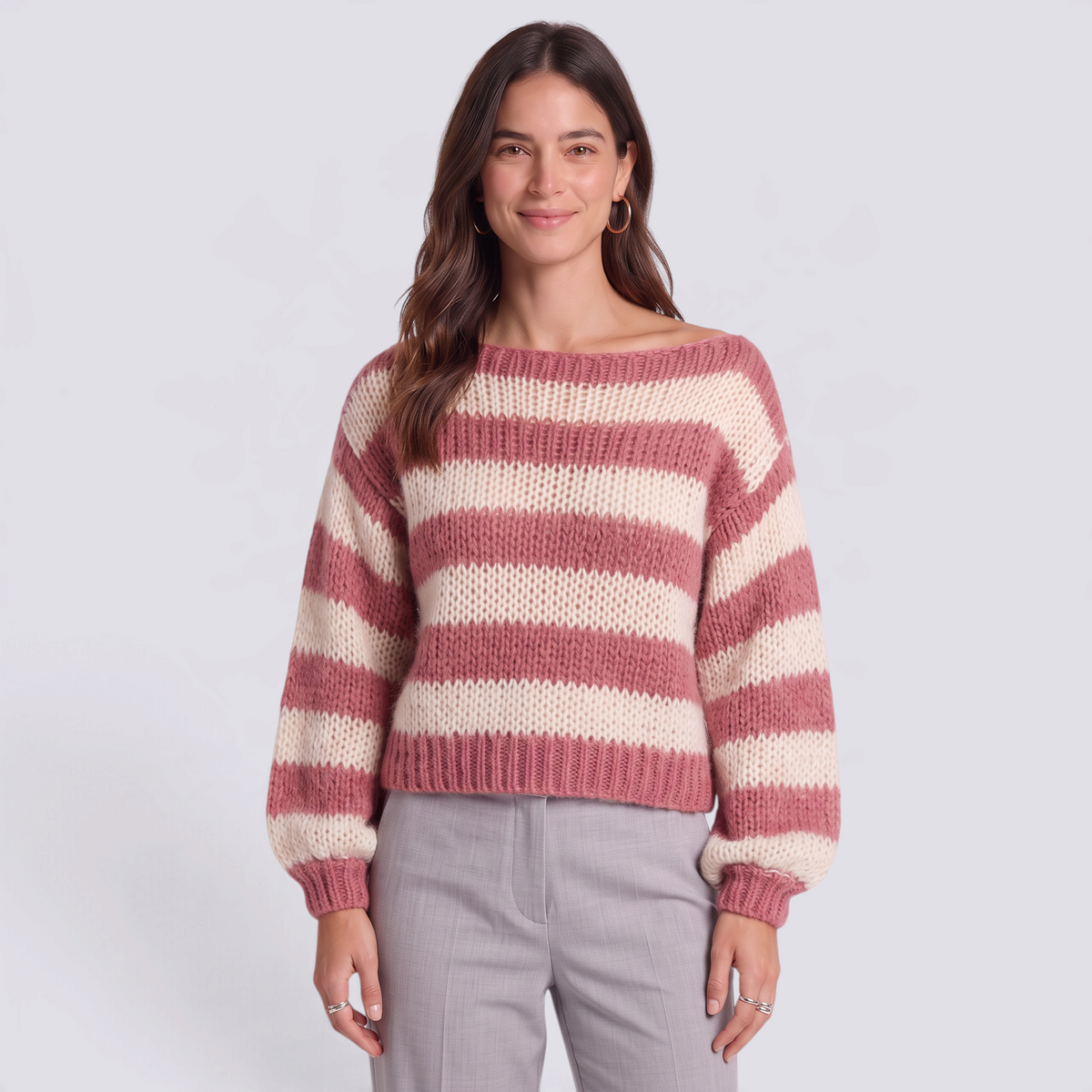Jersey mujer rayas anchas cuello barco en rosa y crema, vista frontal