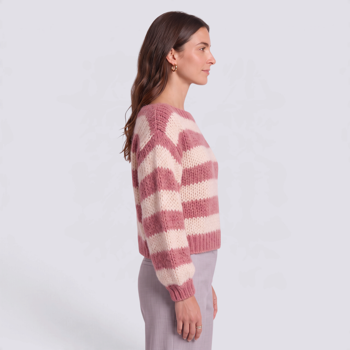 Jersey mujer rayas anchas cuello barco en rosa y crema, vista lateral