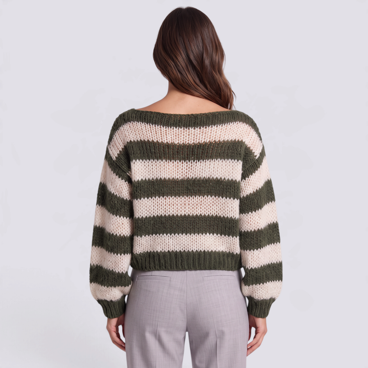 Jersey mujer rayas anchas cuello barco en verde oliva y crema, vista trasera