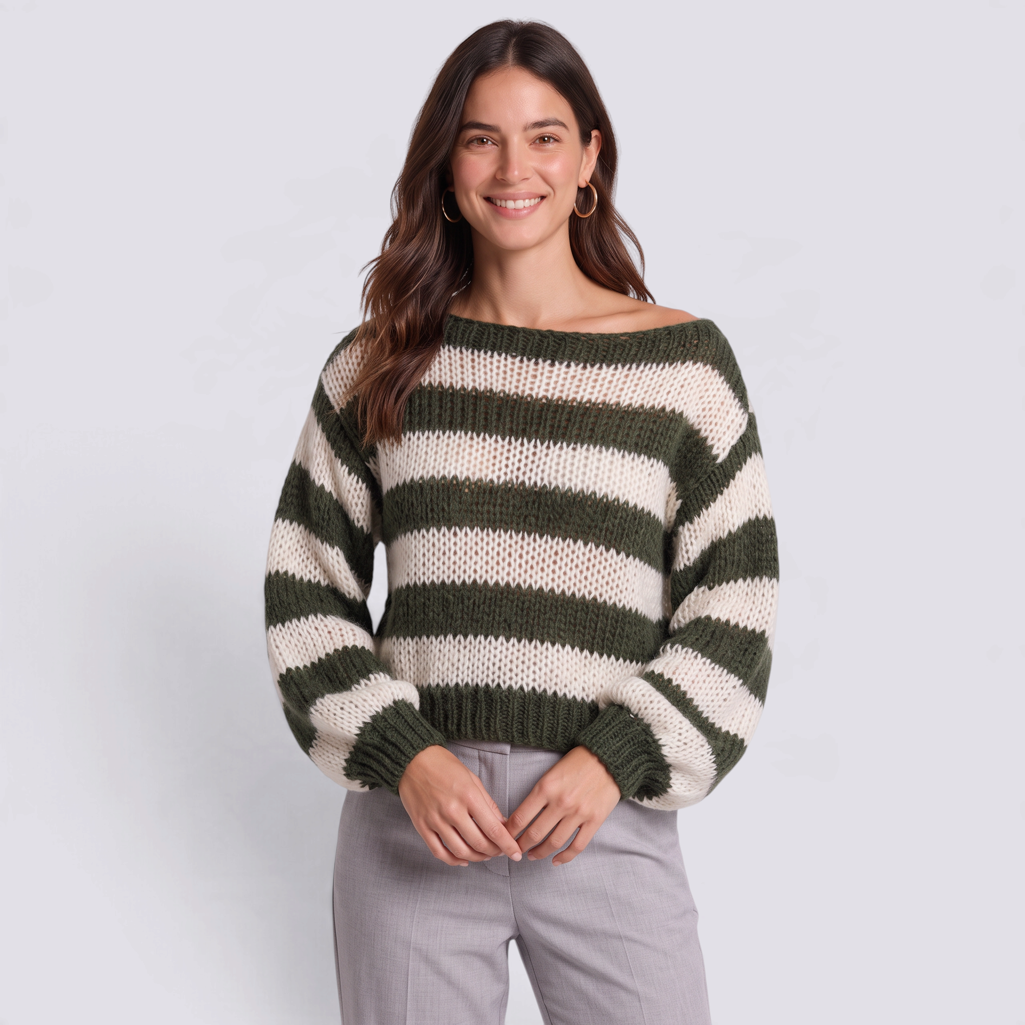 Jersey mujer rayas anchas cuello barco en verde oliva y crema, vista frontal