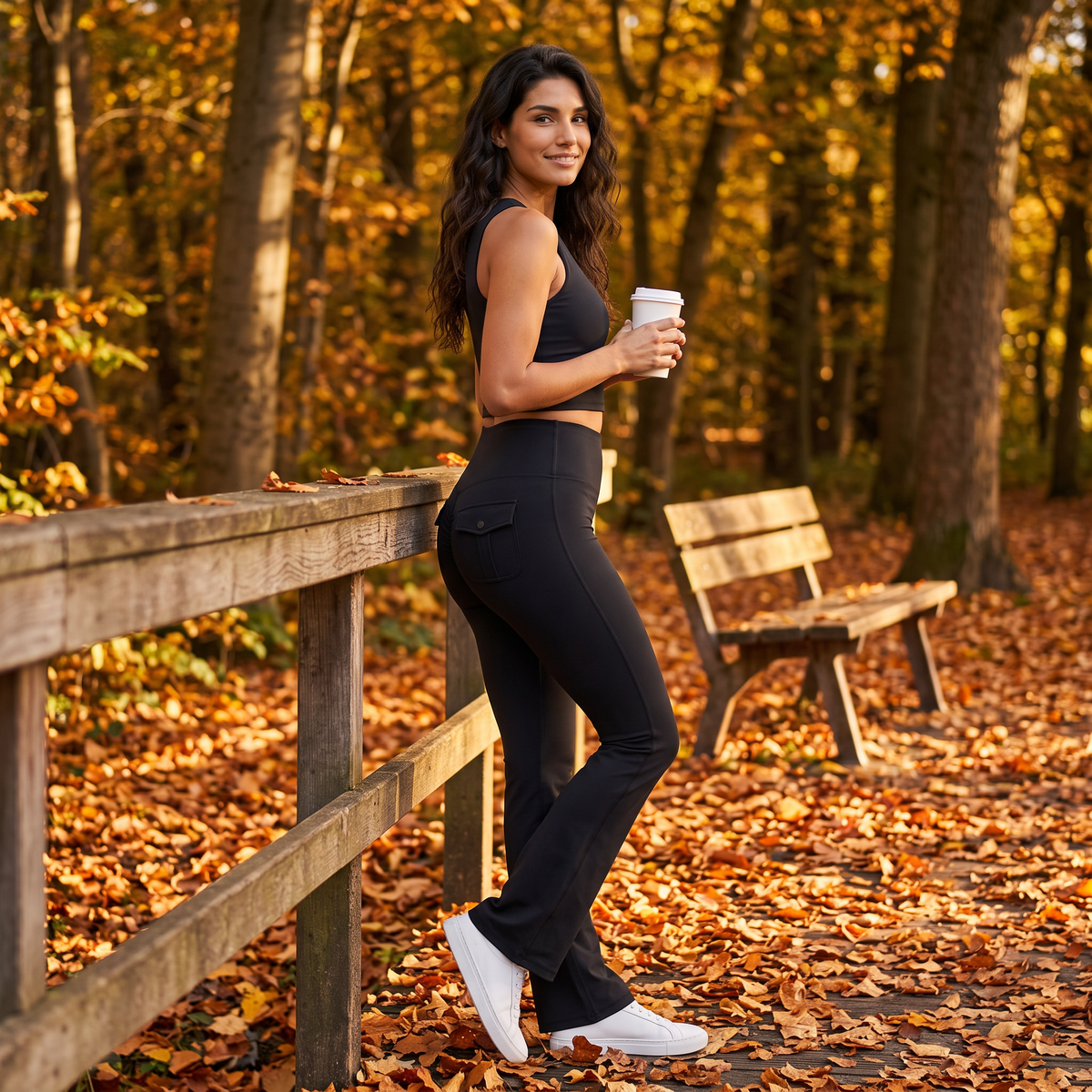 Mujer con leggings acampanados negros con bolsillos apoyada en una valla de madera en un parque de otoño