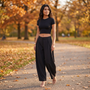 Pantalón ancho mujer cintura baja - Negro - Lifestyle