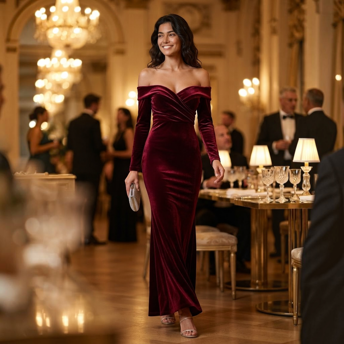 Essyro long burgundy velvet mermaid evening dress with Bardot neckline worn by a smiling woman at a formal gala