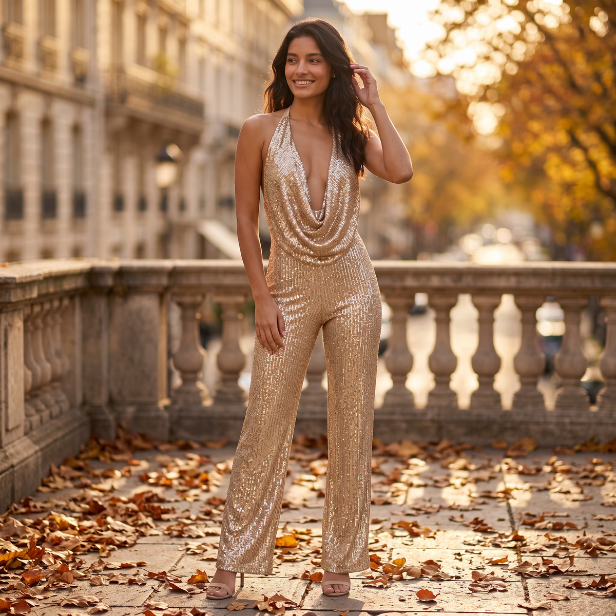 Mono Fiesta Lentejuelas Mujer Escote Halter - Dorado, lifestyle