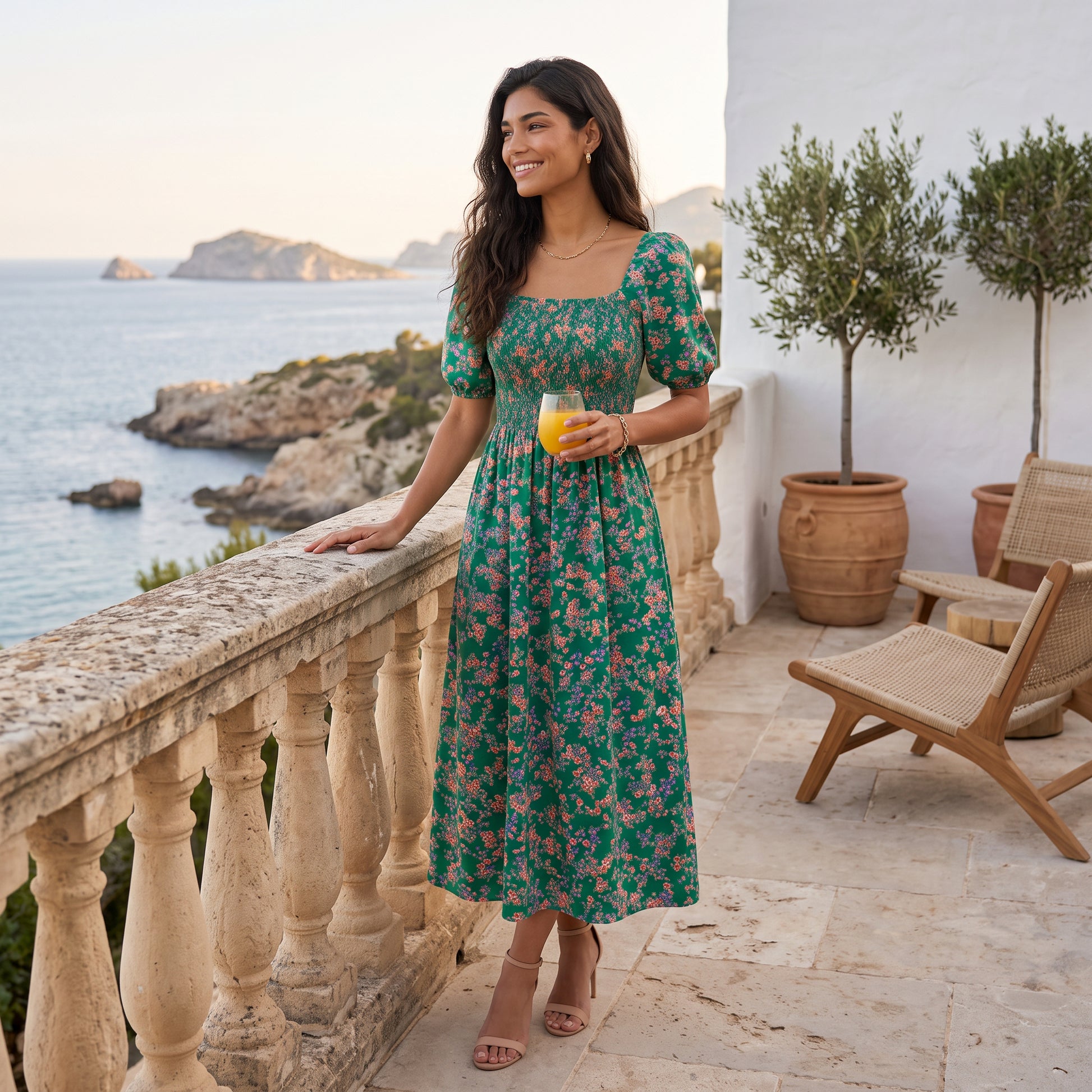 Vestido Floral Mujer Elegante Manga Corta Talle Alto