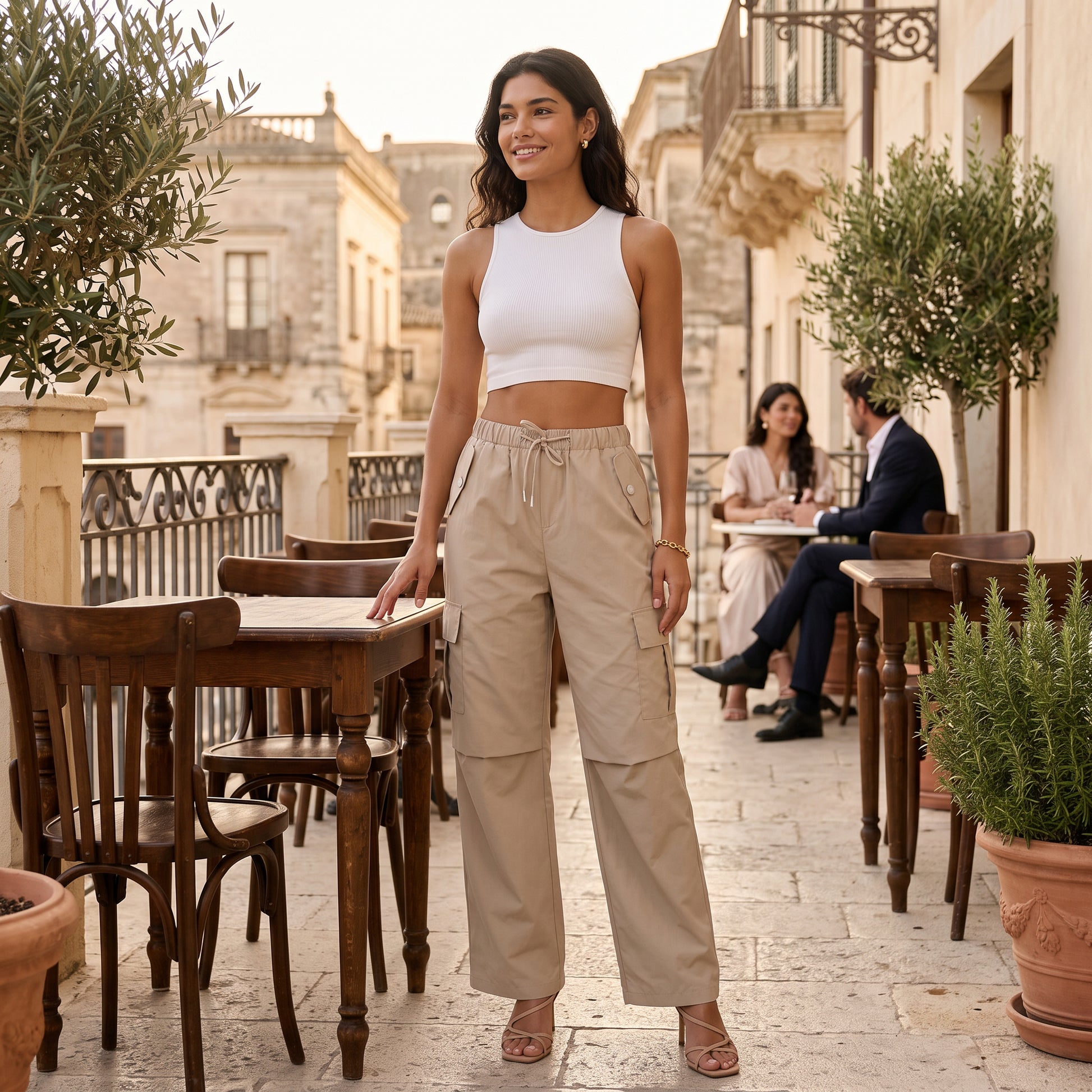 Pantalón Recto Mujer Cintura Alta con Cordón