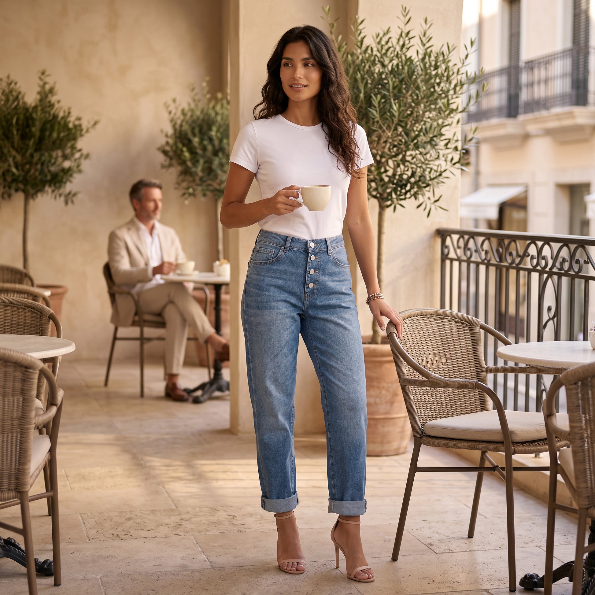 Pantalón Vaquero Mujer Recto con Pedrería
