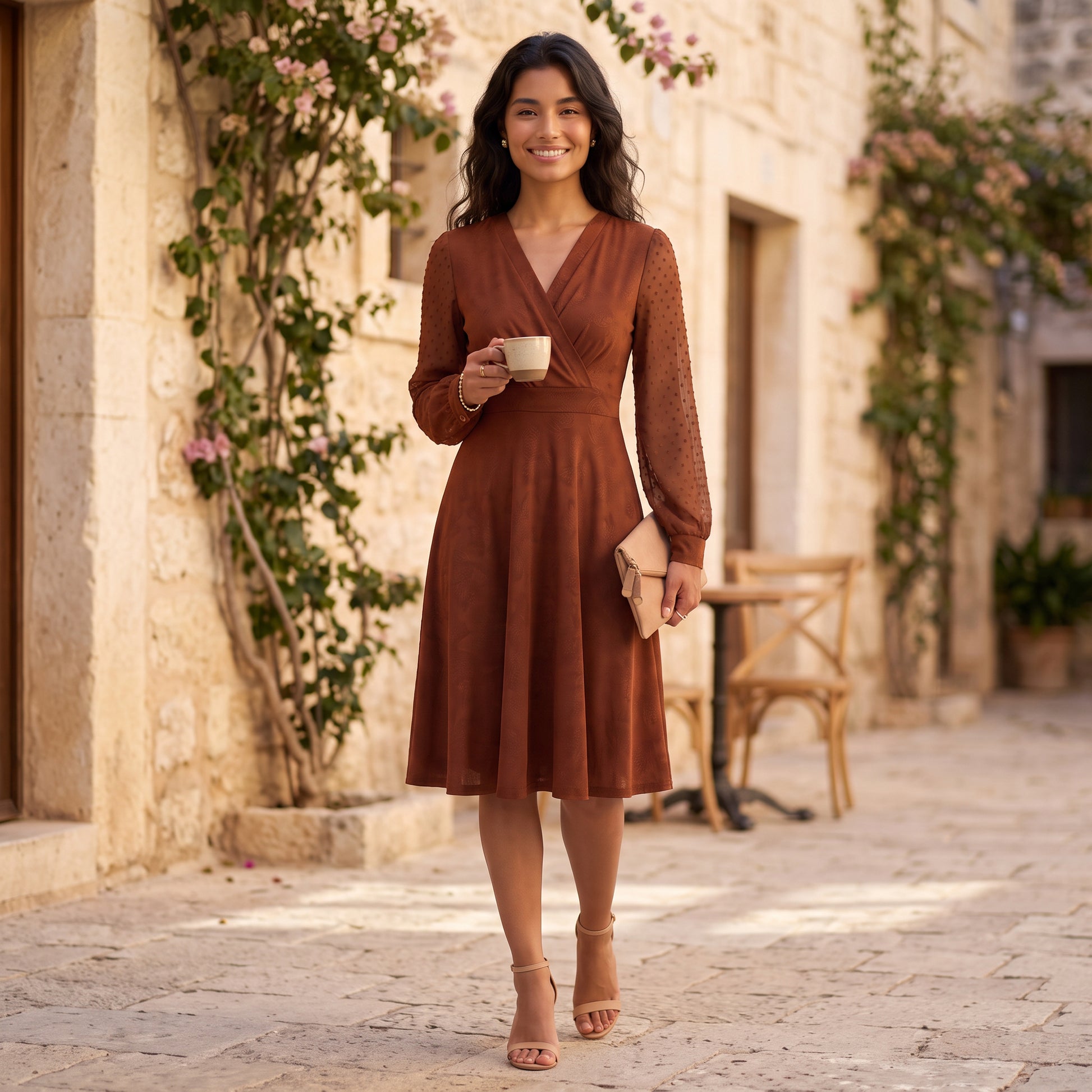 Vestido Mujer Manga Larga Elegante Cuello Pico Jacquard