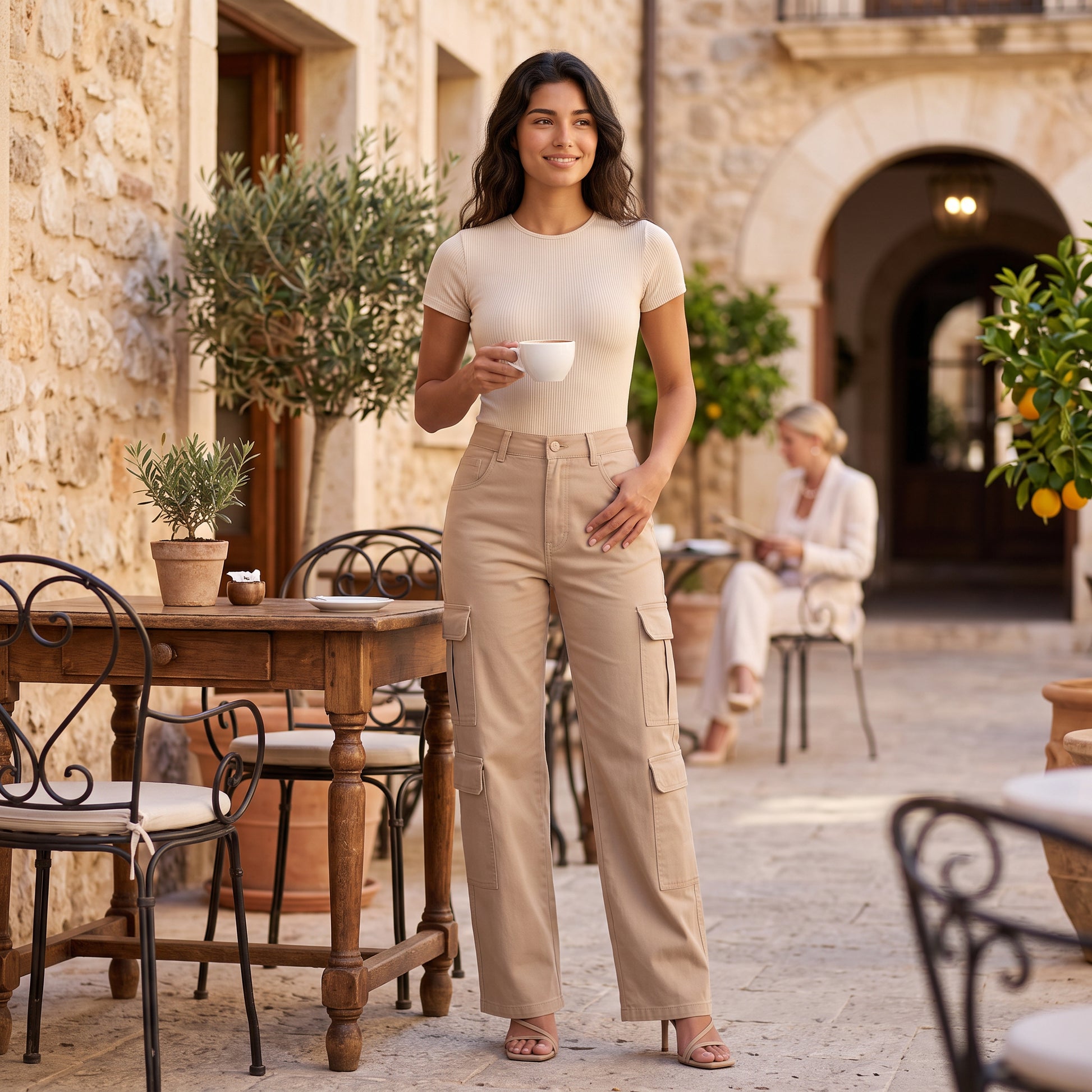 Pantalón Cargo Mujer Tiro Alto Bolsillos