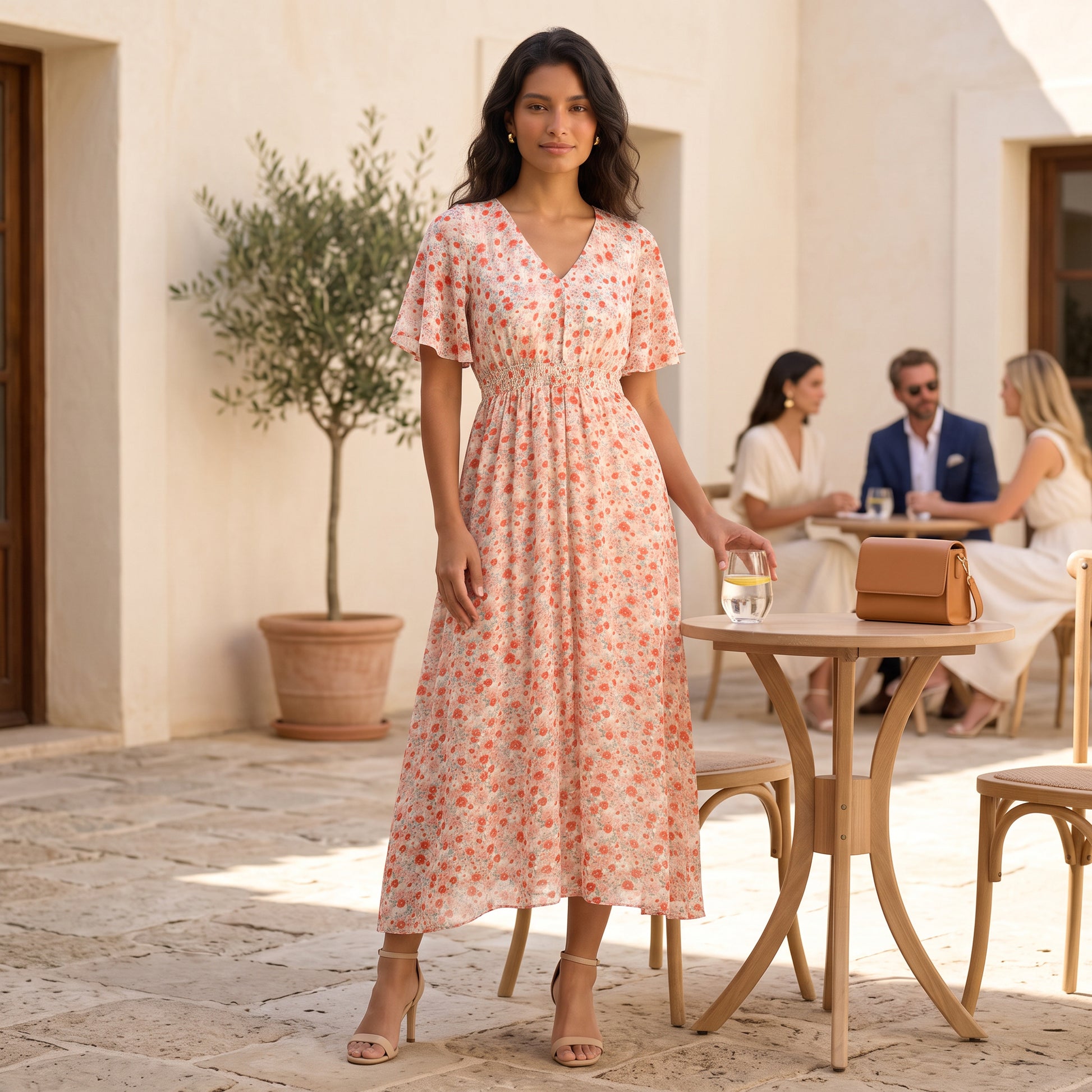 Vestido Largo Floral Mujer Cintura Fruncida