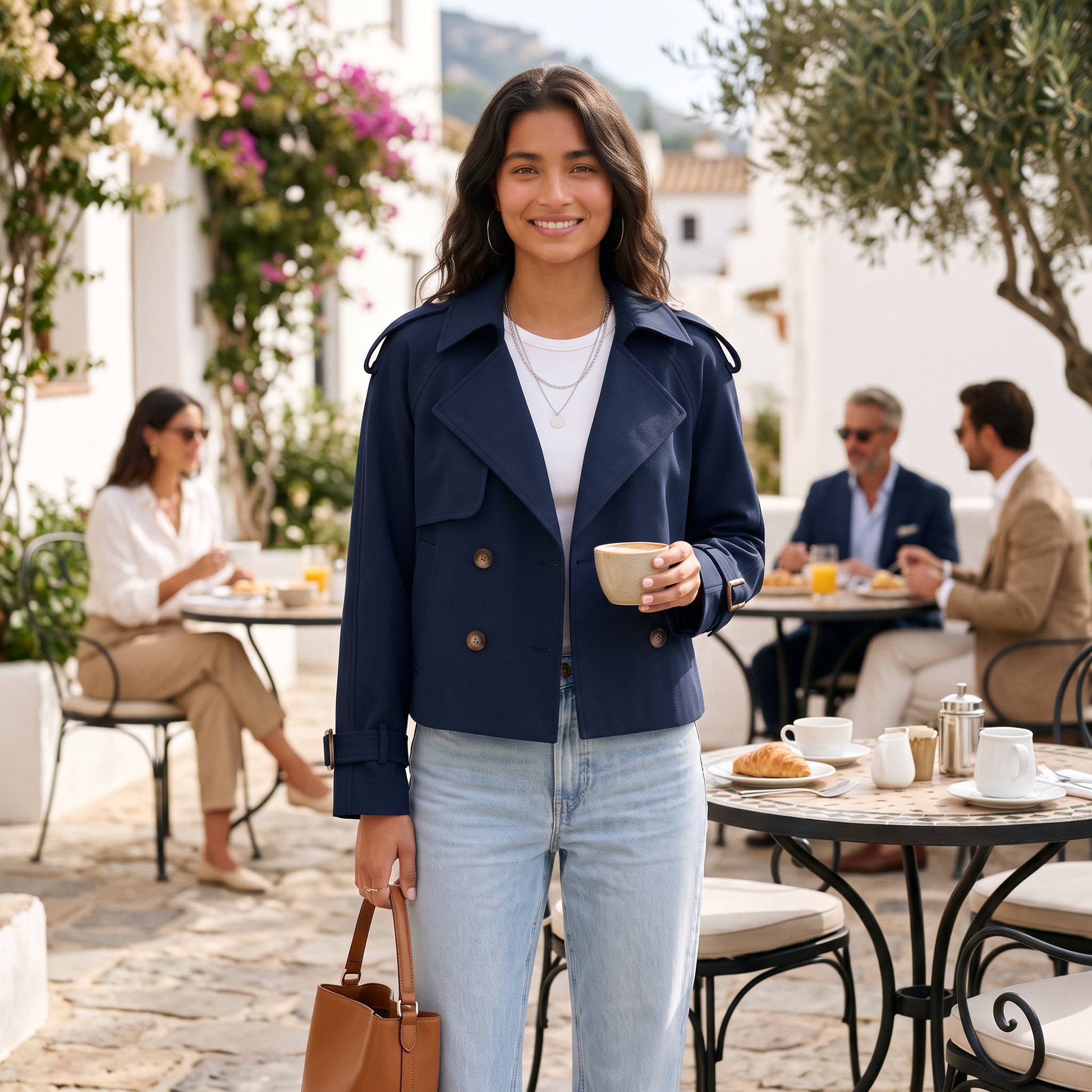 Chaqueta Mujer Estilo Gabardina Corta Doble Botonadura