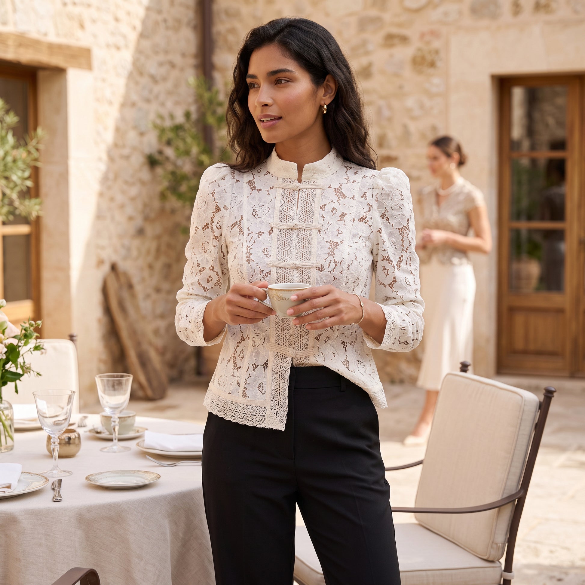 Blusa Mujer Manga Larga con Encaje Elegante