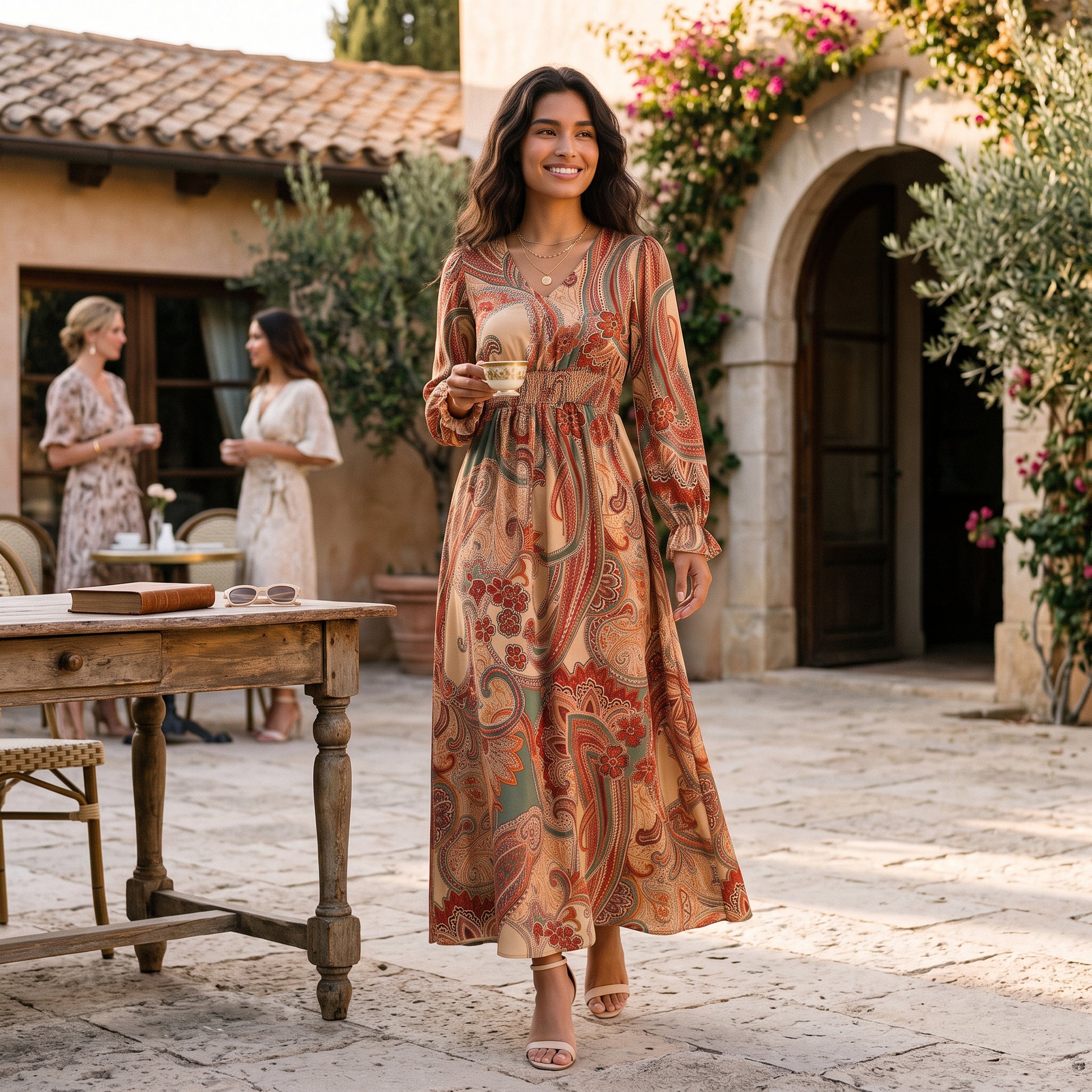 Vestido Estampado Mujer Manga Larga Escote V