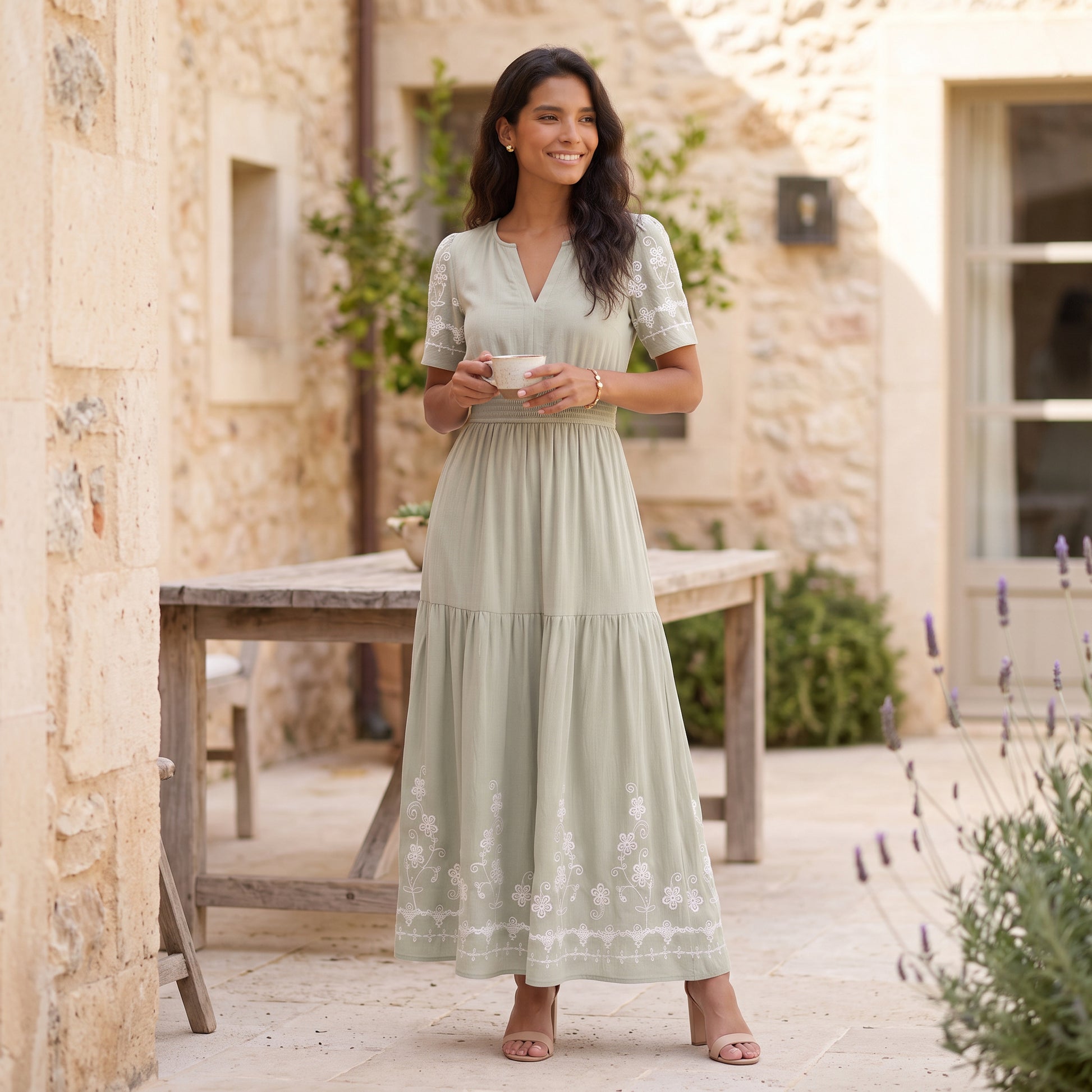 Vestido Midi Boho Bordado Mujer Escote Pico