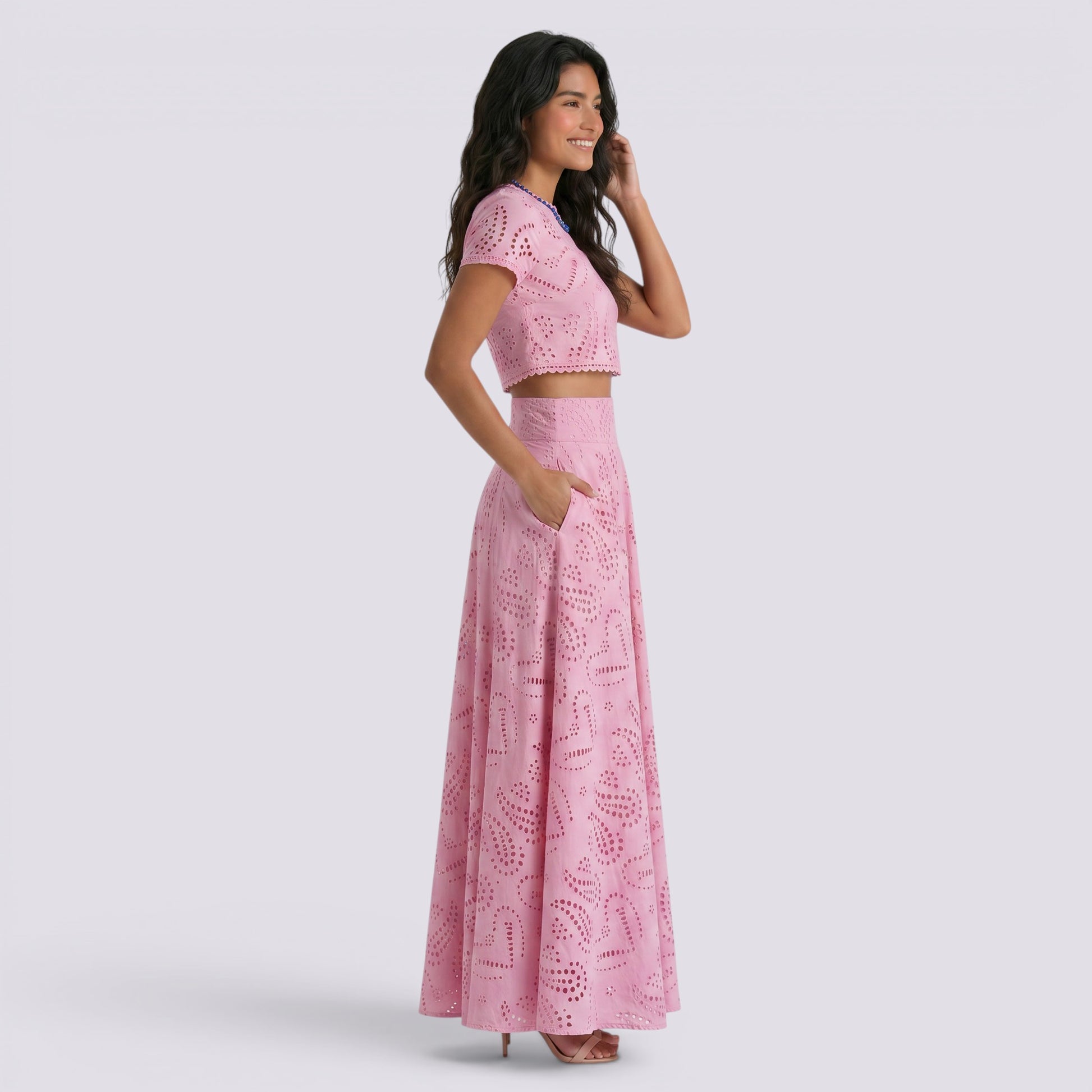 Conjunto Encaje Bordado Falda Larga Mujer