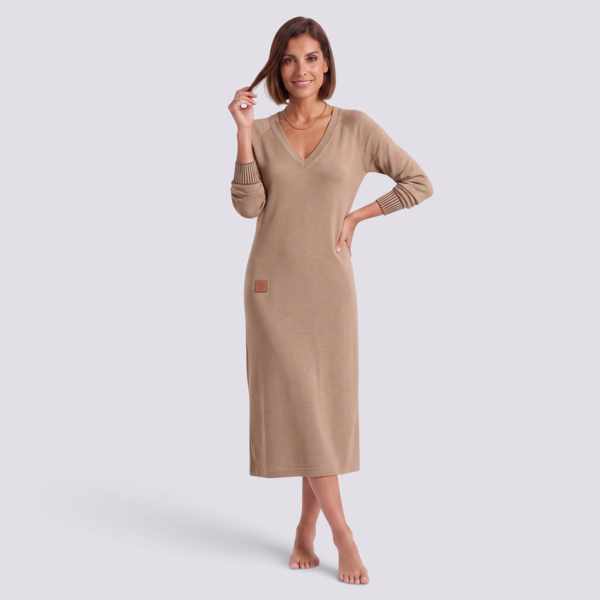 Vestido Midi Mujer Elegante Escote V Entallado